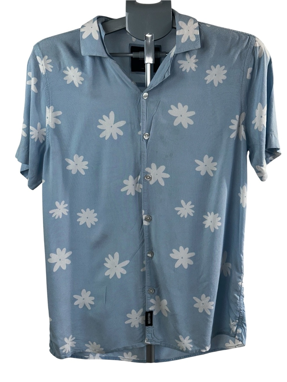 Hollister Blue Short-Sleeve Floral Button-Down Shirt Daisy Floral Print Summer